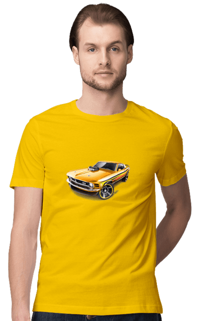 Футболка мужская с принтом Форд мустанг. An american legend, cult car, ford mustang, mustang, powerful car, shelby, yellow mustang. 2070702