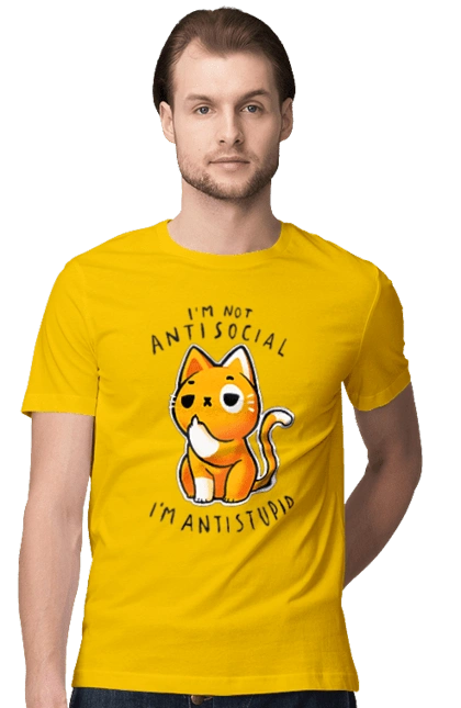 Men`s t-shirt with prints I'm not antisocial, I'm antistupid. Antisocial, antistupid, cat, cynicism, hate, humor, irony, joke, meme, sarcasm. 2070702