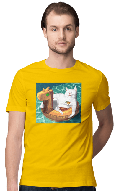 Футболка чоловіча з принтом "Білий кіт у плавальному колі, на відпочинку". Басейн, відпочинок, кіт, коктейль, море, плавальний круг. 2070702