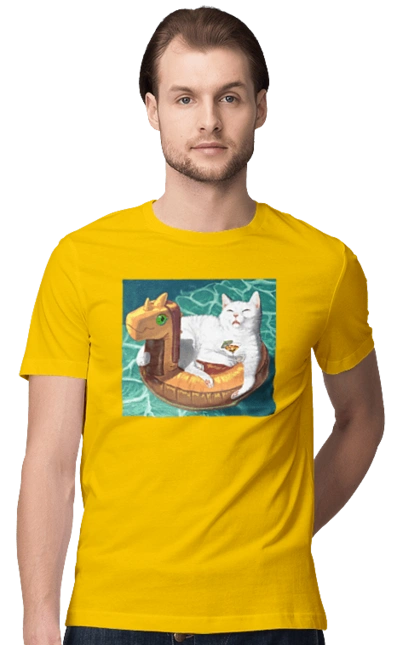 White cat in a swimming circle on vacation