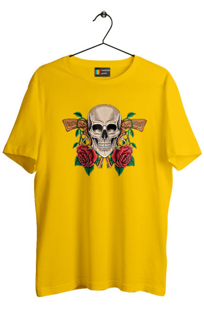 Men's t-shirt with prints Skull with roses. Bones, eyes, flowers, gun, leaves, rose flower, scull, spikes, teeth. 2070702