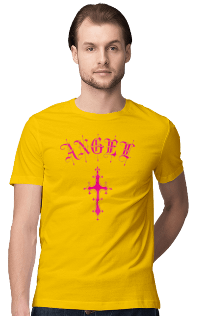 Men's t-shirt with prints Logo Angel. Angel, cross, gothic, gothick style, logo, pink. 2070702