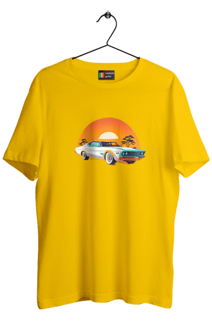 Men`s t-shirt with prints Beautiful car at sunset. Auto, decline, sun. 2070702
