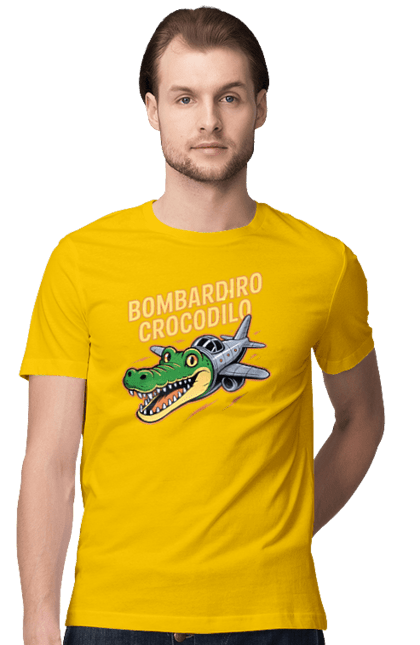 Футболка чоловіча з принтом "Bombardino Crocodilo". Bombardino, bombardino crocodilo, crocodilo, бомбардиро крокодило, бомбардіно крокоділо, крокодил, крокодил літак, крокодил мем, мем бомбардине крокодило, меми. 2070702