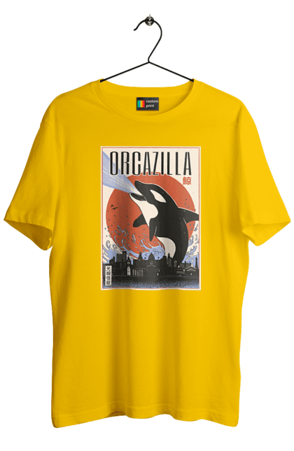 Men's t-shirt with prints Orcazilla. Cartoon style design, graphic, japan print, japanese, japanese art, japanese poster, japanese poster orca, ocean wildlife, orca, orcazilla. 2070702