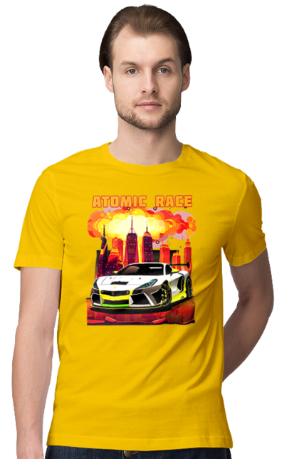 Футболка чоловіча з принтом "Атомна гонка". Авто, автомобіль, атомні перегони, гонки, гоночні машини, спортивна машина, спорткар. 2070702