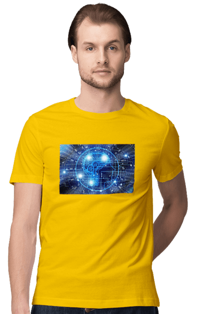 Футболка чоловіча з принтом "Штучний інтелект". Айті, айтішник, гік, знання, інженер, інтелект, кібер, кібернетика, кіборг, код, комп, комп`ютерник, кристал, машинне навчання, мікросхема, мозок, портрет, програміст, професіонал, професія, розробник, розум, хакер, чіп, штучний інтелект, штучний розум. 2070702