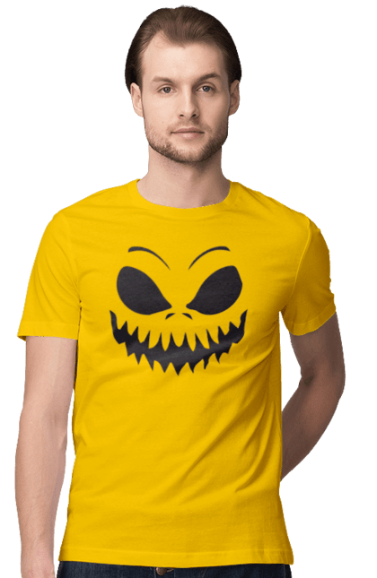 Men's t-shirt with prints Halloween pumpkin face. Costume, halloween, holiday, october, october 31, pumpkin, scary, sweets, trick or treat. 2070702