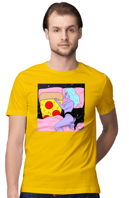 Футболка чоловіча з принтом "Фіолетова Дівчина І Піца". Дівчина, ліжко, піца. 2070702