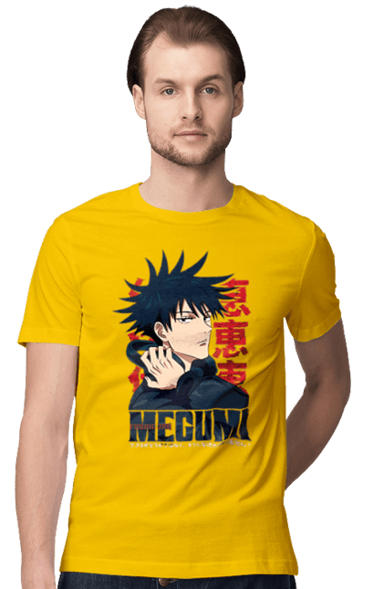 Men's t-shirt with prints Jujutsu Kaisen Megumi. Anime, dark fantasy, fushiguro, fushiguro megumi, jujutsu kaisen, magic battle, manga, megumi, mystic. 2070702