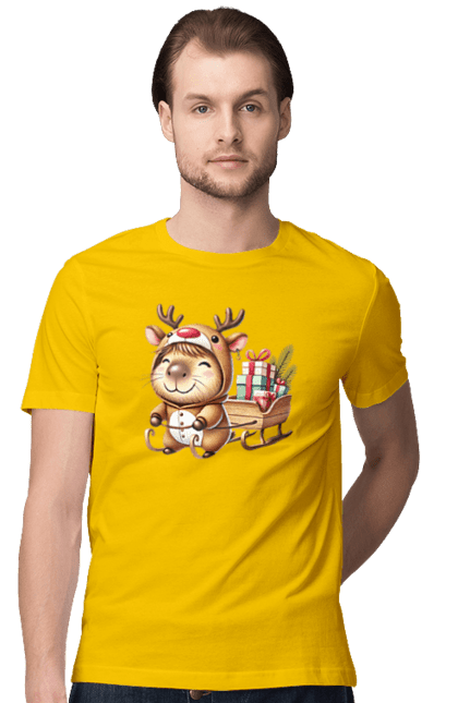 Men's t-shirt with prints Christmas Capybara with a Gift. Animal, capybara, christmas, christmas capybara, gift, holiday, new year, new year`s gift, santa. 2070702