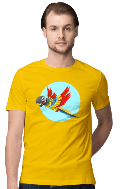 Футболка чоловіча з принтом "Папуга". Барвистий папуга, какаду, кольоровий папуга, папуга, що летить. 2070702