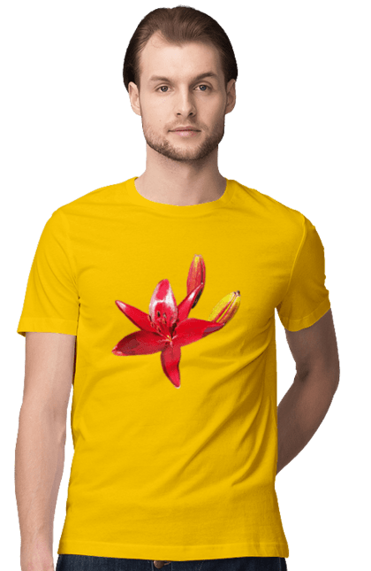 Men`s t-shirt with prints Red lily. Bright, bud, buds, color, flower, lily, nature, red, red flower, red lily, sunny. 2070702