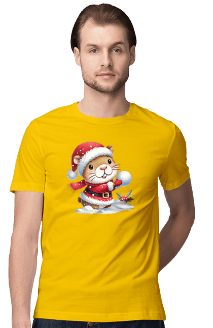 Men's t-shirt with prints Capybara playing snowballs. Animal, capybara, christmas, christmas capybara, game, gift, holiday, new year, santa, snowballs. 2070702