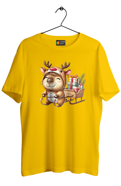 Men's t-shirt with prints Christmas Capybara with a Gift. Animal, capybara, christmas, christmas capybara, gift, holiday, new year, new year`s gift, santa. 2070702