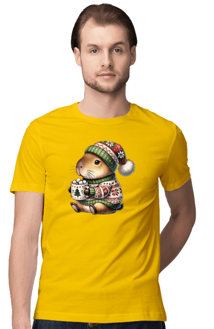 Men's t-shirt with prints Capybara with hot chocolate. Animal, capybara, christmas, christmas capybara, gift, holiday, hot chocolate, new year, santa. 2070702