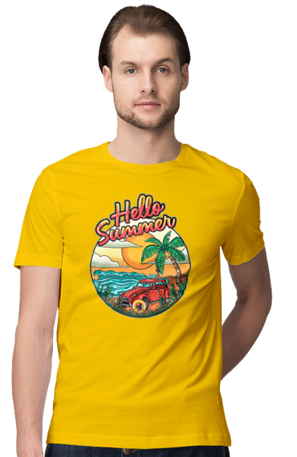 Men`s t-shirt with prints Hello Summer, Car By The Sea. Beach, island, palm, summer. 2070702