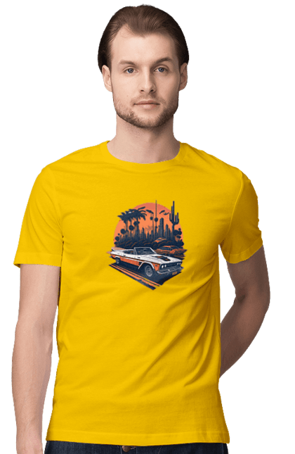 Футболка мужская с принтом Красивая машина на закате. Авто, закат, закат, отклонить, солнце. 2070702