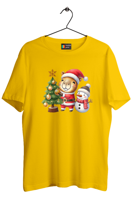 Men's t-shirt with prints Christmas Capybara with a Tree. Animal, capybara, christmas, christmas capybara, christmas tree, gift, holiday, new year, new year`s gift, santa. 2070702