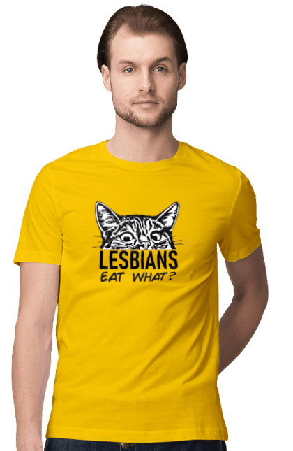 Футболка мужская с принтом Lesbians eat what?. Funny inscriptions, humor, jokes, kittens, lesbians, lgbt, котики, лгбт, лесбиянки, приколы, смешные надписи, юмор. 2070702