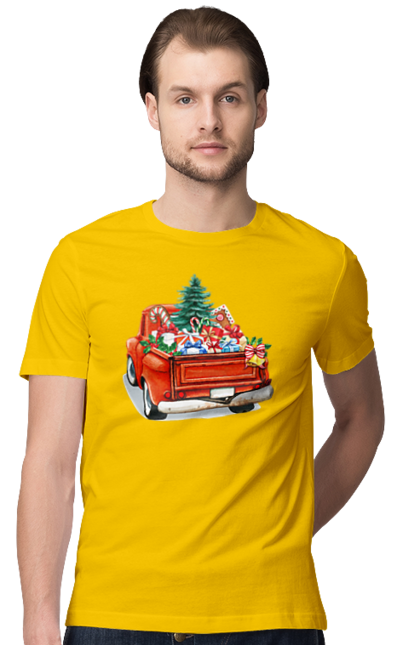 Men`s t-shirt with prints Car with gifts. Car, christmas, new year, presents, santa, tree. 2070702