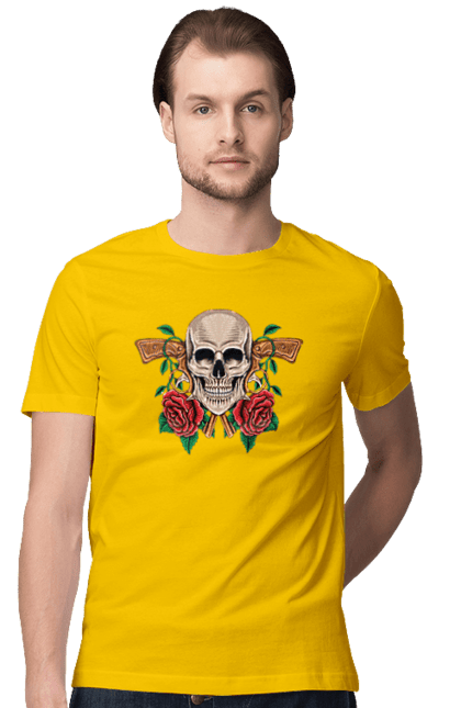 Men's t-shirt with prints Skull with roses. Bones, eyes, flowers, gun, leaves, rose flower, scull, spikes, teeth. 2070702