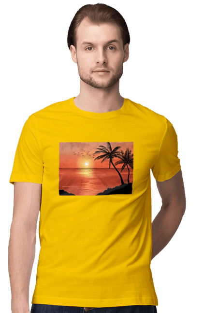 Футболка чоловіча з принтом "Захід Пальми Море". Берег, захід, море, пальми. 2070702