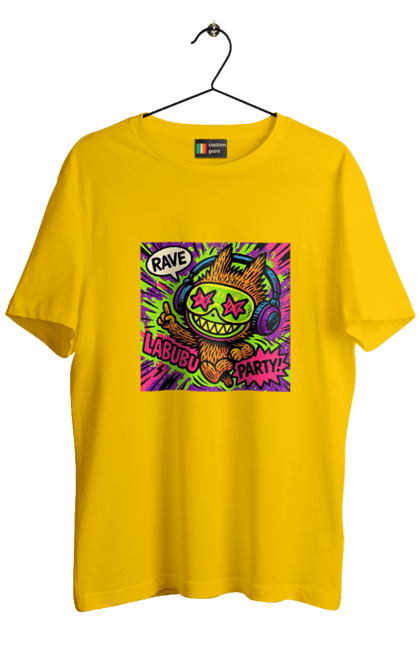 Футболка чоловіча з принтом "Лабубу". Вечірка, вуличне мистецтво, графіті, зоряніочі, коміксстиль, лабубу, навушники, неон, попарт, рейв. 2070702