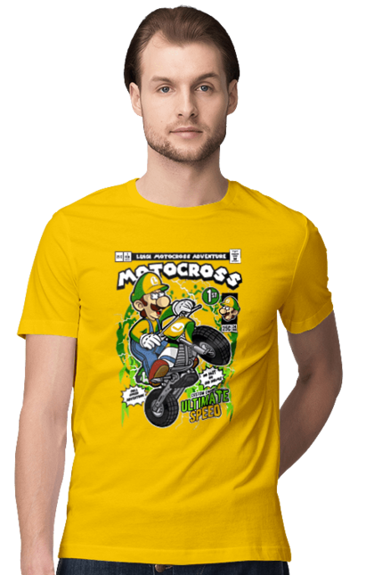 Футболка чоловіча з принтом "Luigi Motocross". Nintendo, playstaion, автомобіль, гра, зелений маріо, луїджі, маріо. Funkotee