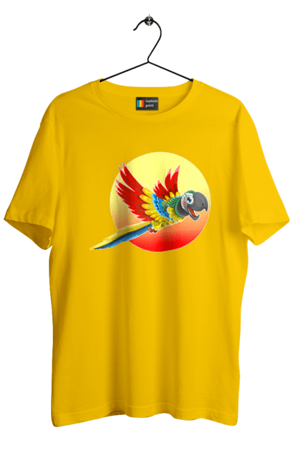 Футболка чоловіча з принтом "Папуга На Тлі Сонця". Ара, веселий, відпочинок, відпустка, диск, жарко, жовтий, коло, кольоровий, крила, літає, літо, папуга, папужка, пір`я, політ, помаранчевий, птах, різнокольоровий, сонце, сонячно, спека, тепло, тропіки, у польоті, червоний. 2070702