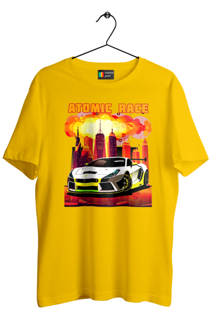 Футболка чоловіча з принтом "Атомна гонка". Авто, автомобіль, атомні перегони, гонки, гоночні машини, спортивна машина, спорткар. 2070702