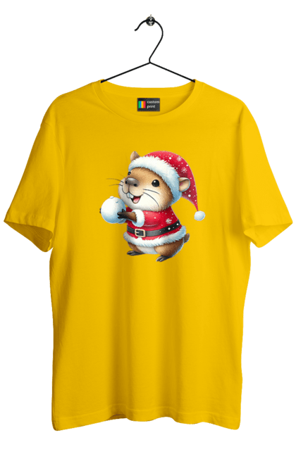 Men's t-shirt with prints Capybara playing snowballs. Animal, capybara, christmas, christmas capybara, game, gift, holiday, new year, santa, snowballs. 2070702