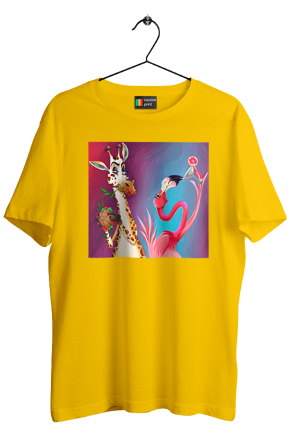 Men`s t-shirt with prints Giraffe And Flamingo At The Party. Cocktail, flamingo, food, giraffe. 2070702