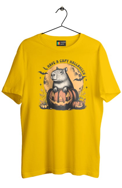 Men's t-shirt with prints Capybara Halloween. Animal, capybara, halloween, holiday, moon, pumpkin, rodent. 2070702