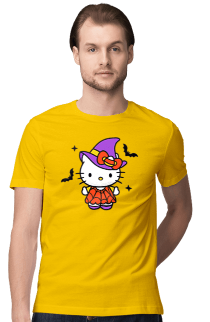 Men's t-shirt with prints Hello Kitty Halloween. Brand, cat, character, halloween, hello kitty, kitten, kitty, witch. 2070702