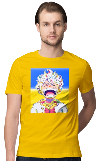 Монки д Луффи смеется на желтом синем фоне.