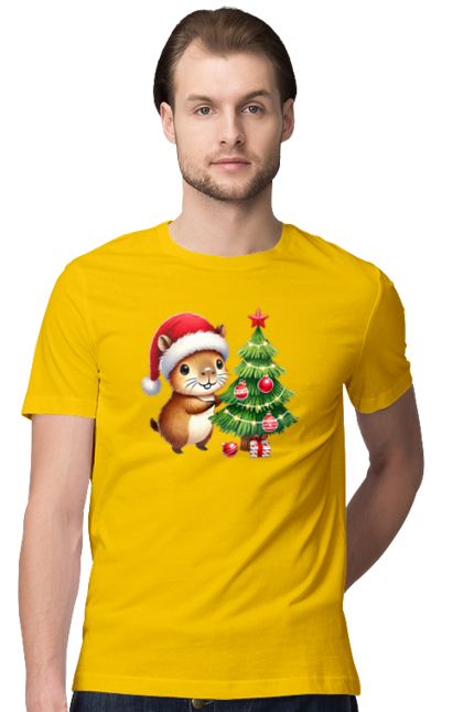 Men's t-shirt with prints Christmas Capybara with a Tree. Animal, capybara, christmas, christmas capybara, christmas tree, gift, holiday, new year, new year`s gift, santa. 2070702