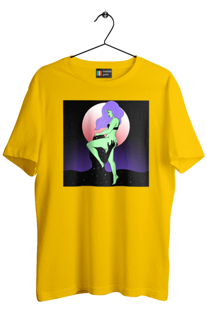 Футболка мужская с принтом Зеленая Девушка И Луна. Инопланетянка, луна. 2070702