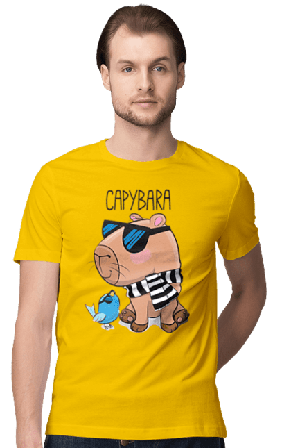 Футболка чоловіча з принтом "Стильна капібара". Капібара, модна капібара, настрій, окуляри, птах, сонячні окуляри, стильна капібара, тварина, шарф у смужку. 2070702