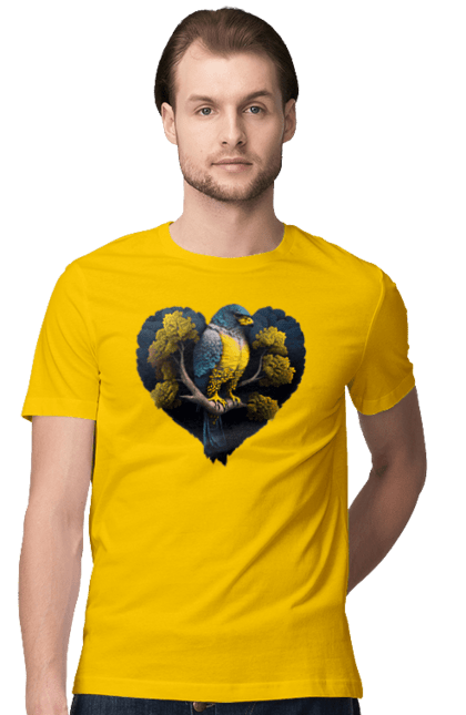Men`s t-shirt with prints Blue and yellow falcon. Falcon, flag of ukraine, heart, symbol of ukraine, tree, ukraine. 2070702
