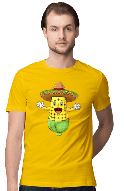 Men`s t-shirt with prints Sombrero Corn. Corn, food, sombrero. 2070702