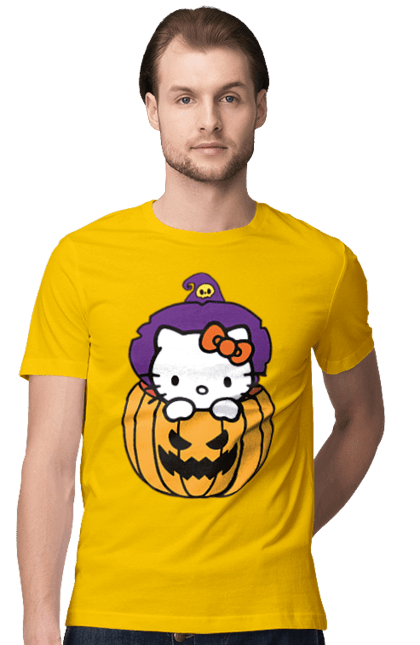 Men's t-shirt with prints Hello Kitty Halloween. Brand, cat, character, halloween, hello kitty, kitten, kitty, witch. 2070702