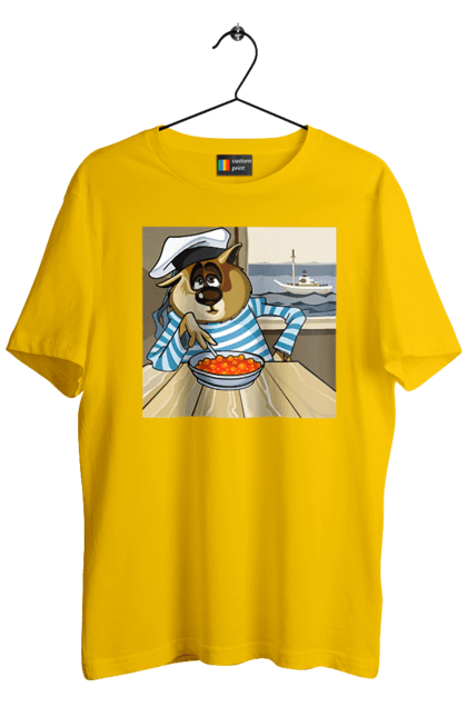Men`s t-shirt with prints Cat Sailor, On The Ship Eats Red Caviar. Cat, caviar, sailor, ship. 2070702