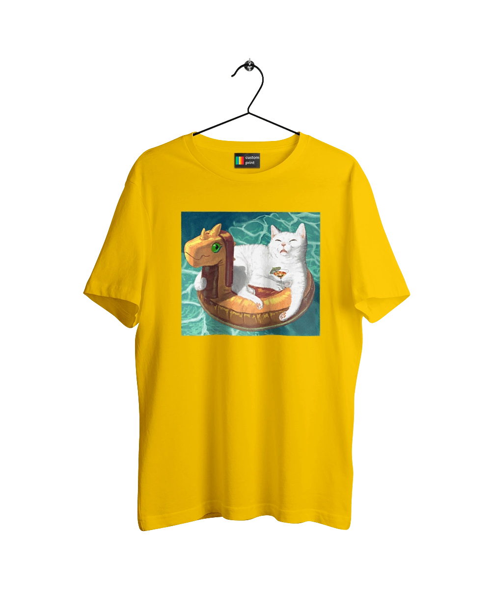 White cat in a swimming circle on vacation