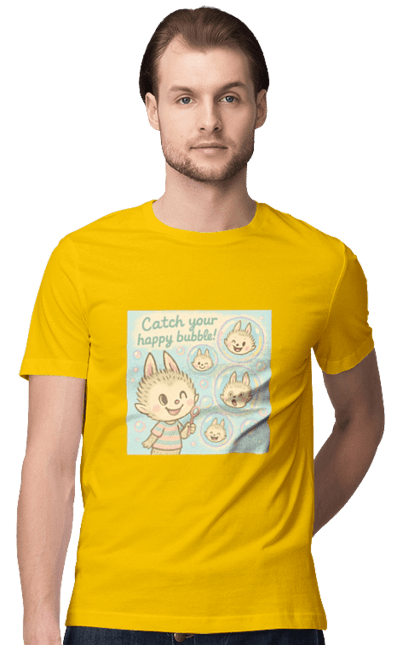 Футболка чоловіча з принтом "Лабубу". Бульбашки, грайливо, каваї, казково, лабубу, милаілюстрація, ніжнікольори, пастельнамистецтво, щасливі бульбашки. 2070702