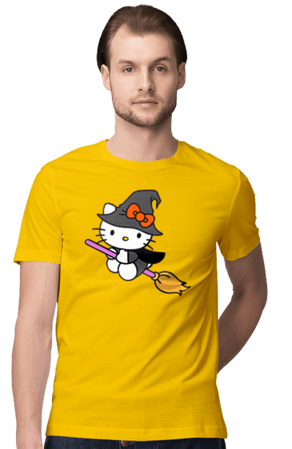 Men's t-shirt with prints Hello Kitty Halloween. Brand, cat, character, halloween, hello kitty, kitten, kitty, witch. 2070702