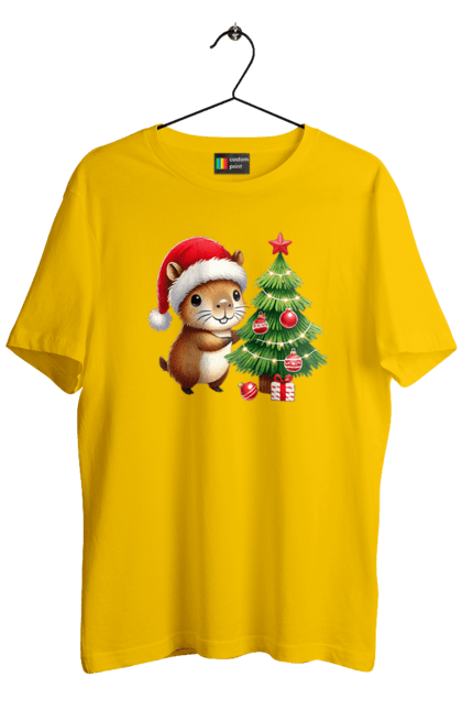 Men's t-shirt with prints Christmas Capybara with a Tree. Animal, capybara, christmas, christmas capybara, christmas tree, gift, holiday, new year, new year`s gift, santa. 2070702