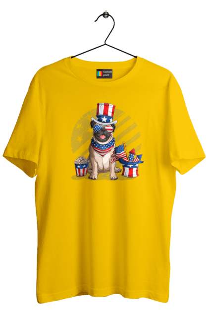 Футболка чоловіча з принтом "Мопс Америка". Beige pug, mops, америка, американський прапор, мопс, пес, собака. CustomPrint.market