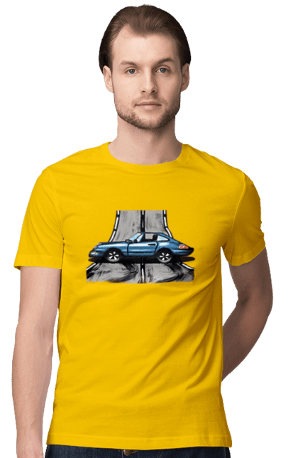 Футболка чоловіча з принтом "Спортивний Автомобіль На Дорозі". Автомобіль, гонки, синій, спортиного, швидкий, швидкісний. 2070702