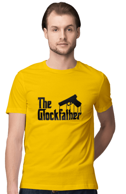 Футболка чоловіча з принтом "The GlockFather". Gangster, glockfather, godfather, godfather reference, вогнепальна зброя, гангстер, глок, зброя, пістолет, пістолет. 2070702